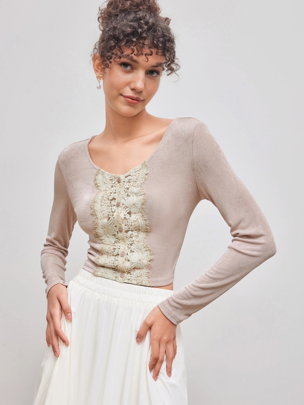 Lacemade French pastoral green Lace-Trim Scoop Neck Top sz M